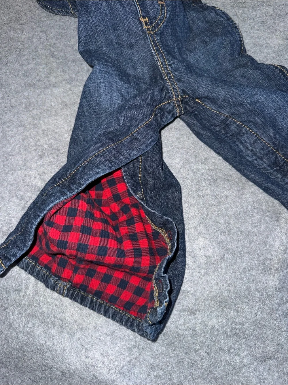 OshKosh B'gosh Dark Blue Denim Overalls with Red Plaid Shirt